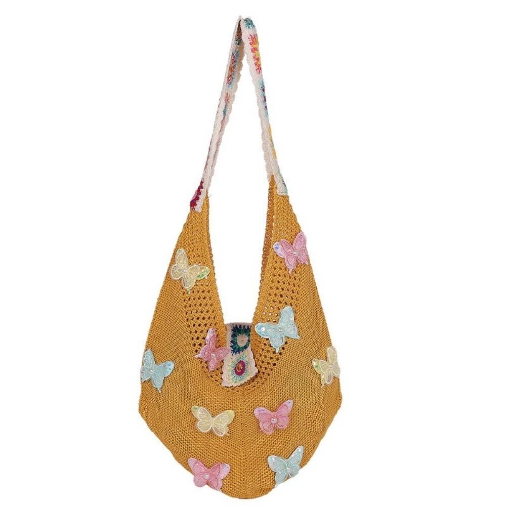Fashion Large Capacity Women Shoulder Bag Butterfly Floral Crochet Hollow Out Knitted Handbag Vintage Multicolor Crossbody Bags