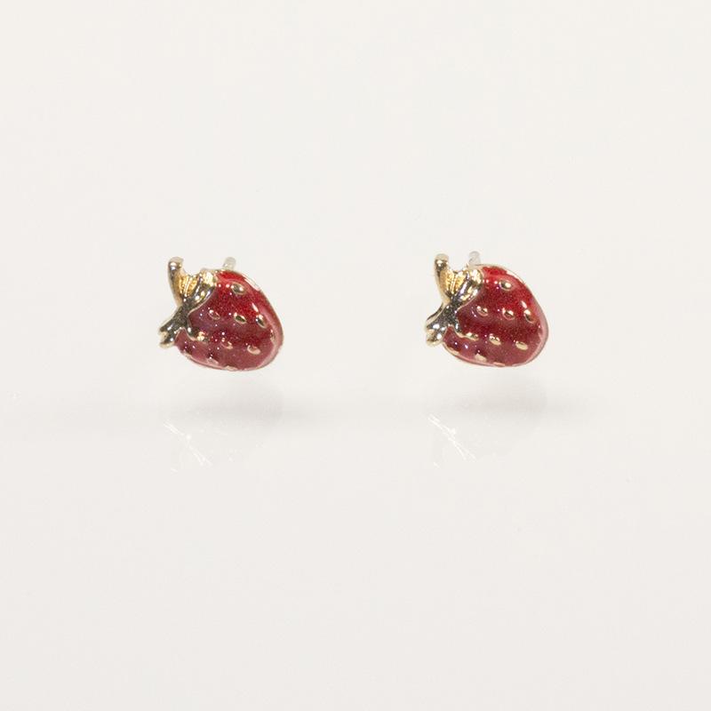 S925 Silver Needle Japanese and Korean Mini Epoxy Red Oil Drip Strawberry Stud Earrings Fresh and Sweet Girls Stud Earrings Earrings