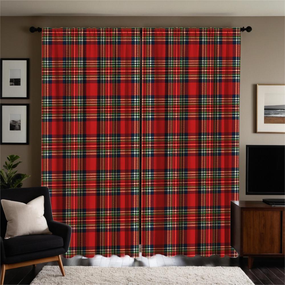 Piece Set High Definition Digital Printed Curtainred Plaid Checkered Pattern Curtainshome Decoration Style Curtains Made Of Polyester