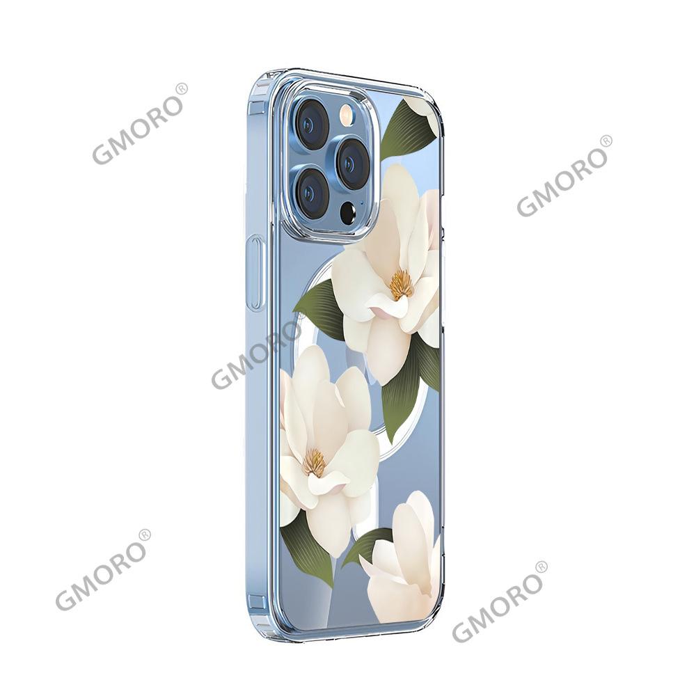 Amazon hot-selling white flower mobile phone case Apple 17pm transparent magnetic case iPhone12 hard case protective case