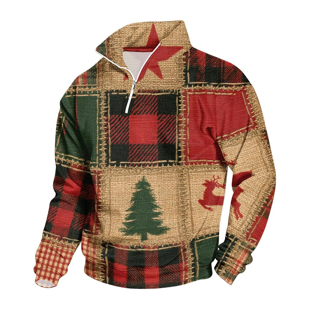 Men's Casual Quarter-Zip Stand Collar Sweatshirt with Christmas Print for Holiday Wear