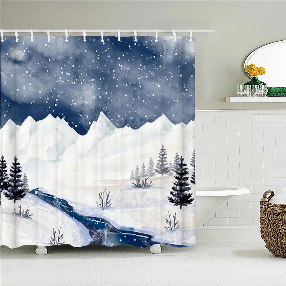 

Рождественская шторка для душа Водонепроницаемая ткань Снежная сцена Кедры пейзаж Принт Шторки для душа для ванной душа с крючками 90x180cm-35x70in