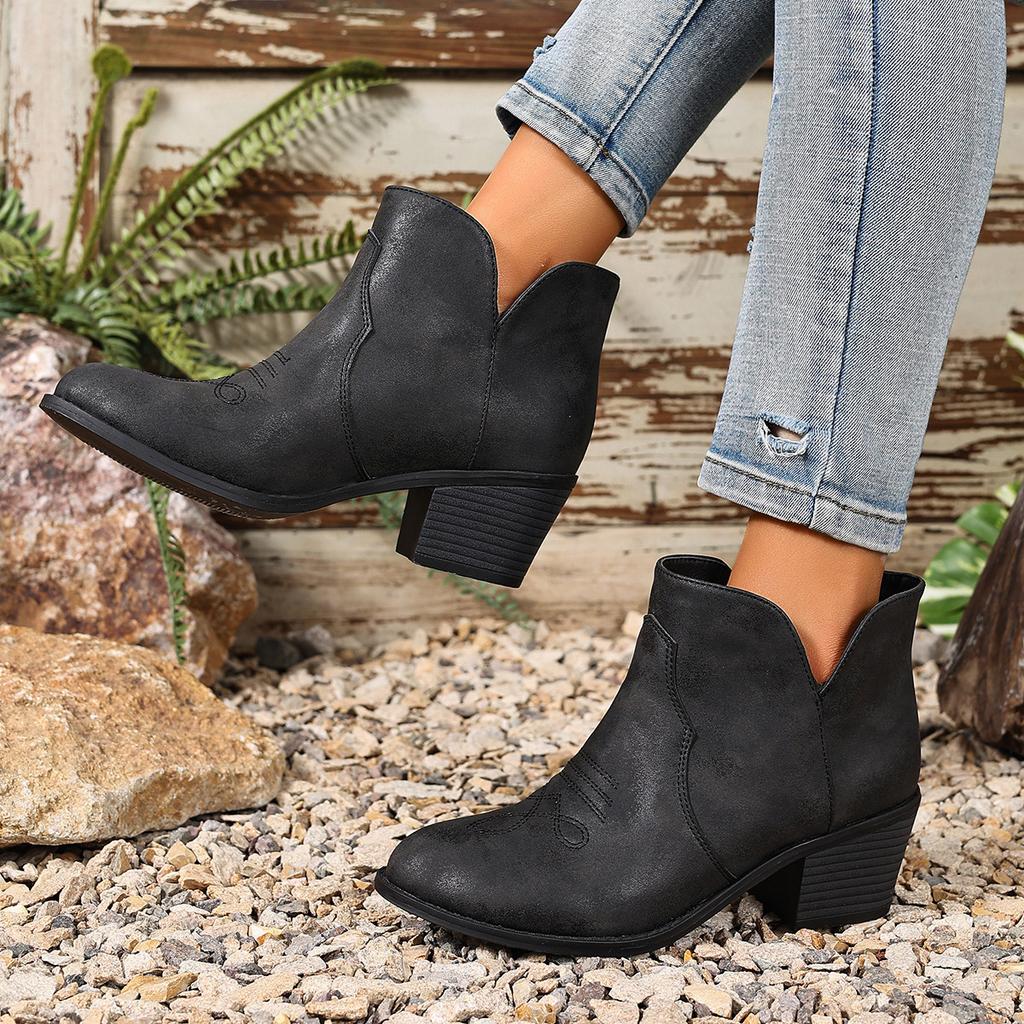 Coarse Heel Low Top and Bare Boots Embroidered Large Size Women's Shoes Fashion Boots One Pedal Round Head Knight Boots