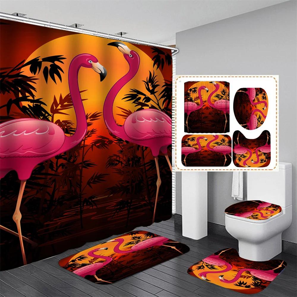 Pink Flamingo Tropical Leaves 3D Hd Shower Curtain Set Waterproof Polyester Bathroom Shower Curtain Set With Mat Non-Slip Rugs