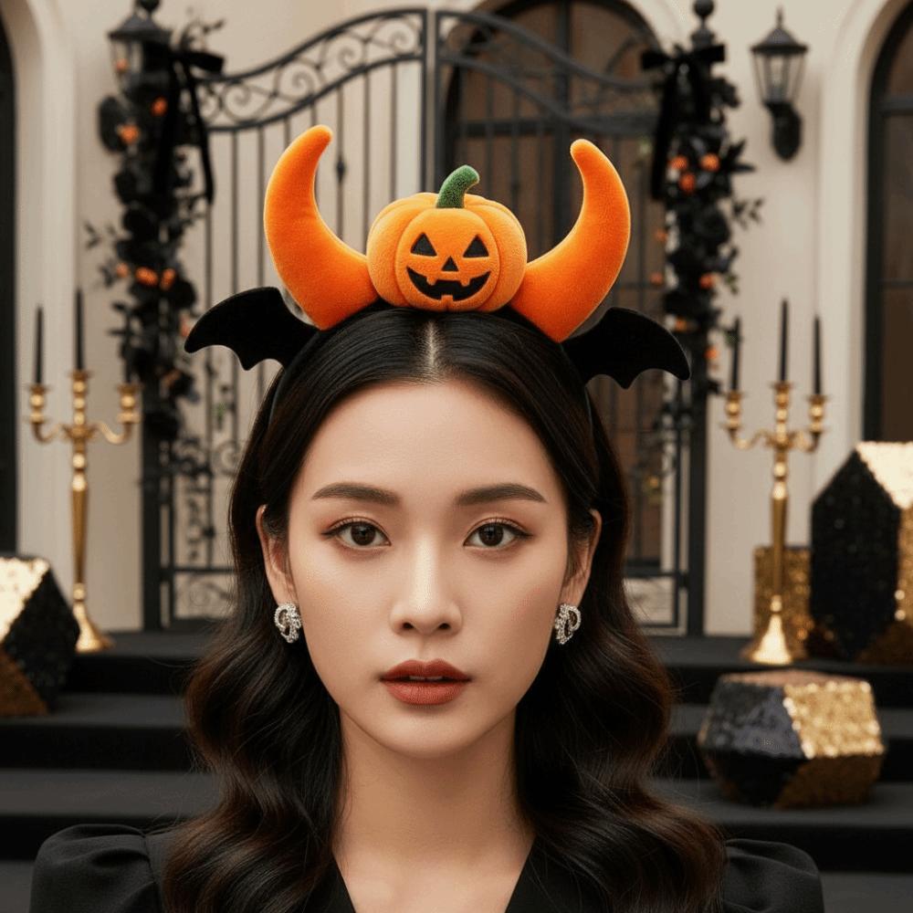 Elastic Pumpkin Headband Plush Halloween Head Hoop Spooky Headwear Theme Party