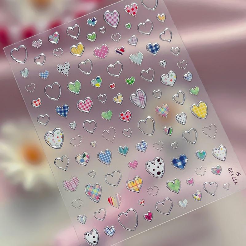 

Heart-Shaped Nail Stickers Valentine S Day Colorful Checkered Nails Art Sticker Decorations Diy 3D Self Adhesive Manicure Decals