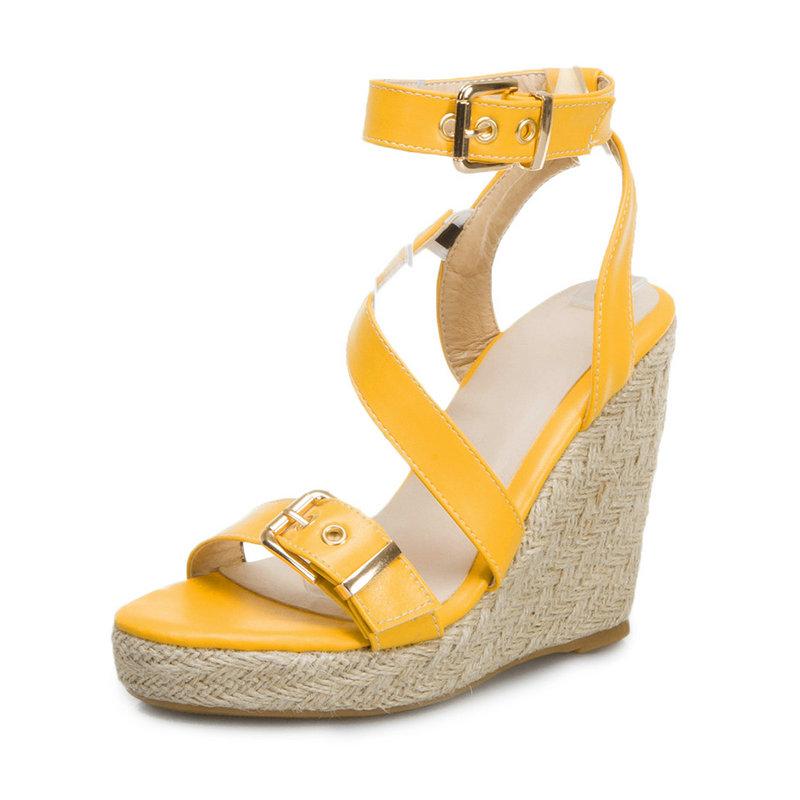 

Beach Dress Sandals Women Plus Size 34-46 Wedges 2024 Summer New Buckle PU Leather Casual Platform Shoes Zapatos Mujer 15 жёлтый