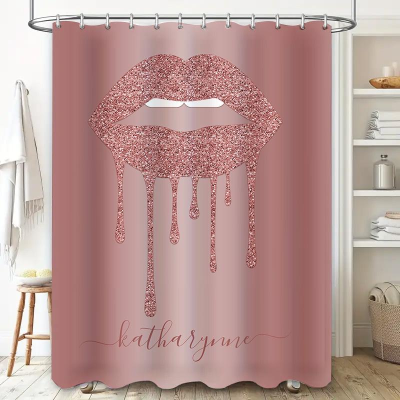 Luxury Glitter Lip Print Shower Curtain Set For Bathroom Decor Pink Rose Gold Metal Hook With Custom Name Monogram Gift