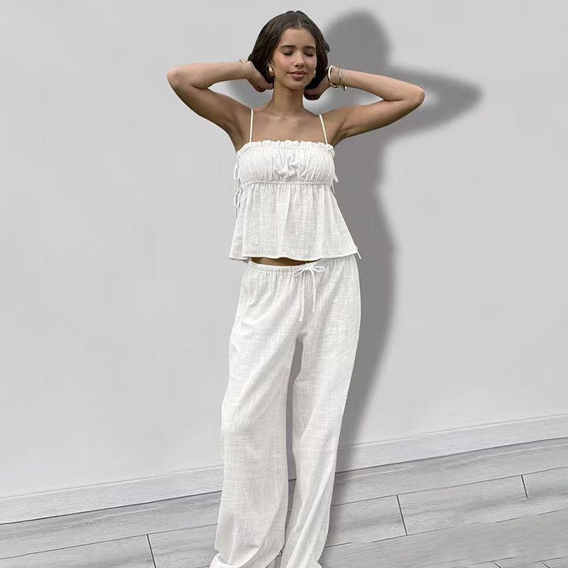 

Fashion Style New Arrival Fashion Suspenders Vest Loose Pants Two-piece Set Homewear Vest and Pants Set White L