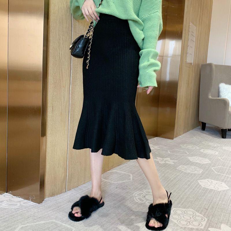Spring and Autumn Versatile High Waist Lotus Leaf Edge Knitted Half Skirt for Women Medium To Long Hip Wrapping Fish Tail Skirt