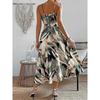 Summer Women's Printed Tie Halter Neck Sleeveless Waist Cinched Long Dress, European American Style Casual Dress