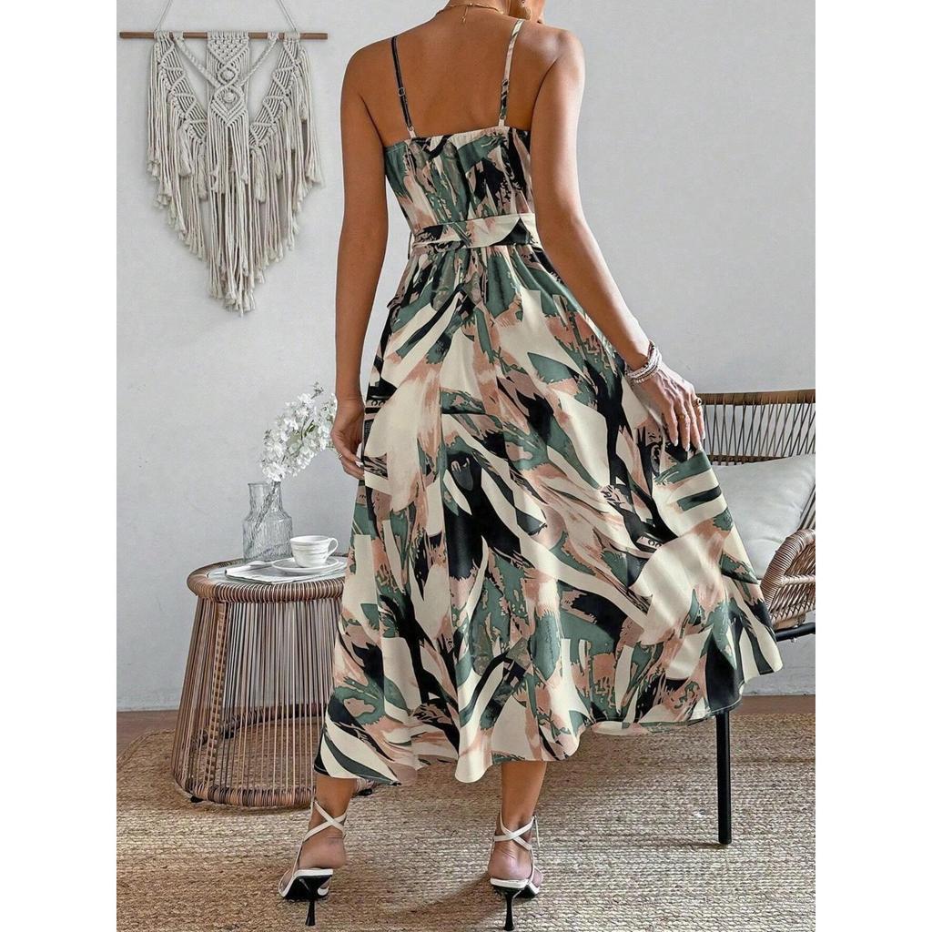 Summer Women's Printed Tie Halter Neck Sleeveless Waist Cinched Long Dress, European American Style Casual Dress
