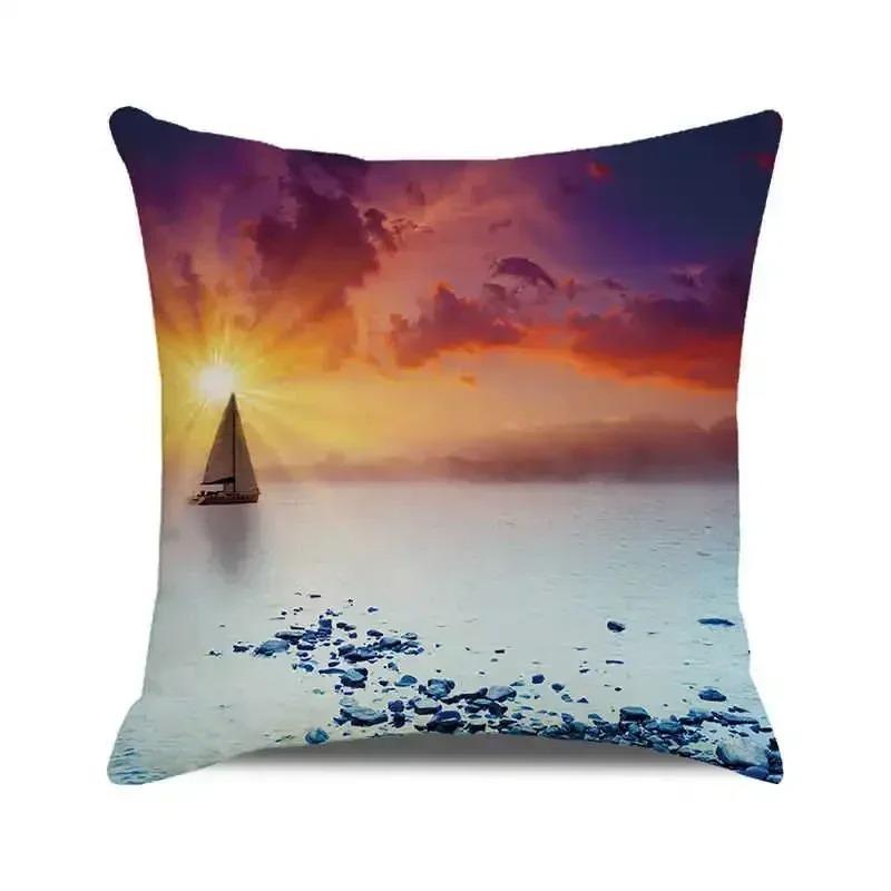 Watercolor Painting Nautical Lighthouse Ocean Seagull Boat Home Sofa Cushion Cover Home Decor Pillowcase