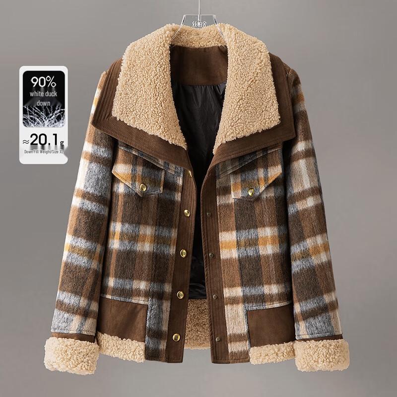 

Sibaishe Women s Plaid Wool Blend Down Coat with Contrast Lapel XL