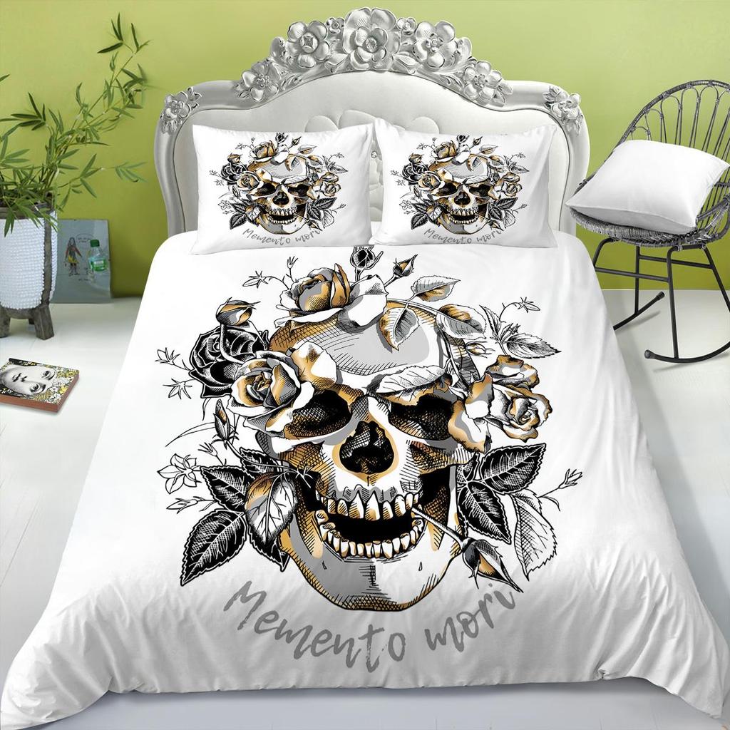Bedding Set New Bed Cover 3D Skull Head Scary Print Family Bedroom Full Size Quilt Cover and Pillowcase Microfiber