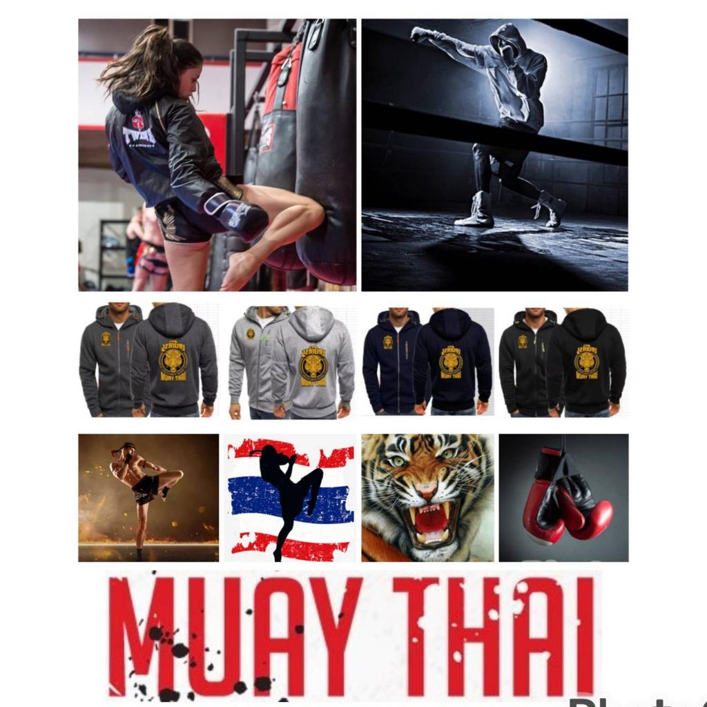 Tiger Muay Thai Kickboxing Boxing MMA UFC Jacket Hood Sweatshirt Long Sleeve Unisex Men Women Zip Gym Fitness Workout Print Training