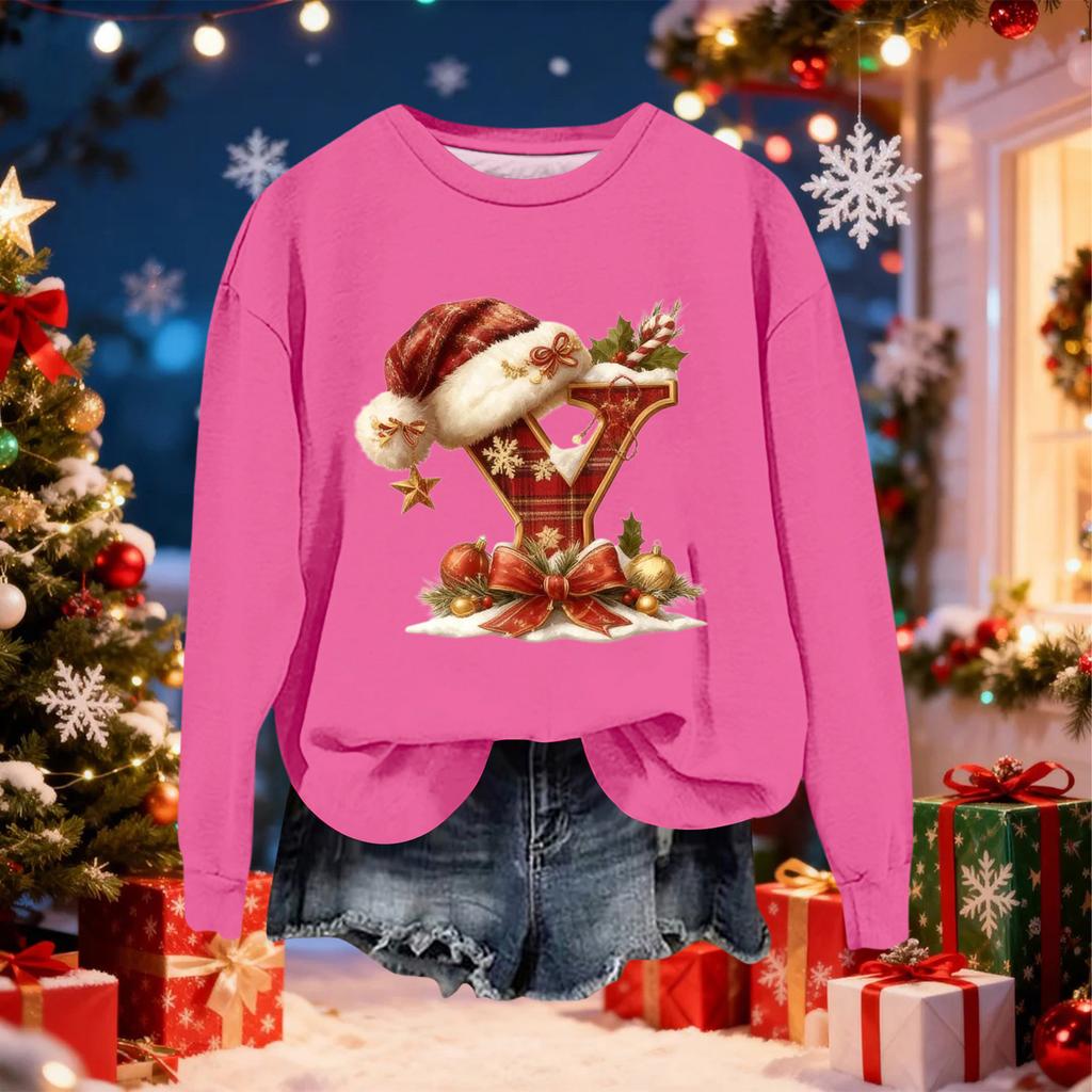 Women's Fashionable Casual Long-Sleeved Christmas Letter Print Crew-Neck Sweatshirt