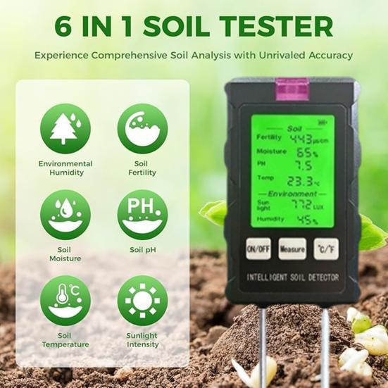 Soil Tester 6-in-1 High Precision Digital PH Moisture Temperature Light Fertility Meter with Real-time Display Soil Testing Kit