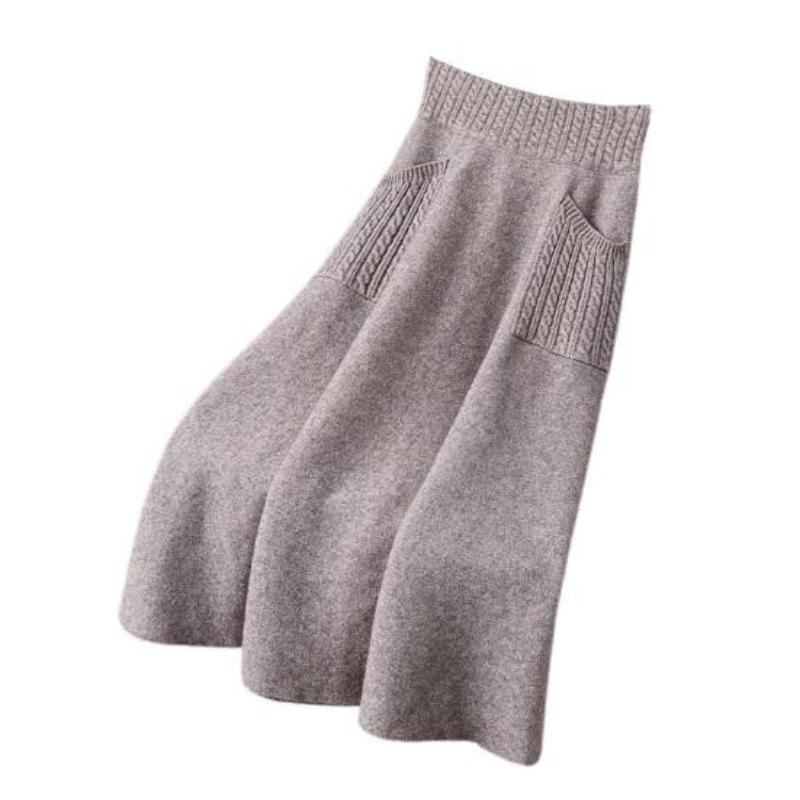 Women Fall Winter Medium Length Elastic High Waist Knitted Skirt Thick Soft Warm Solid Color Loose Big Swing Pocket A-line Skirts