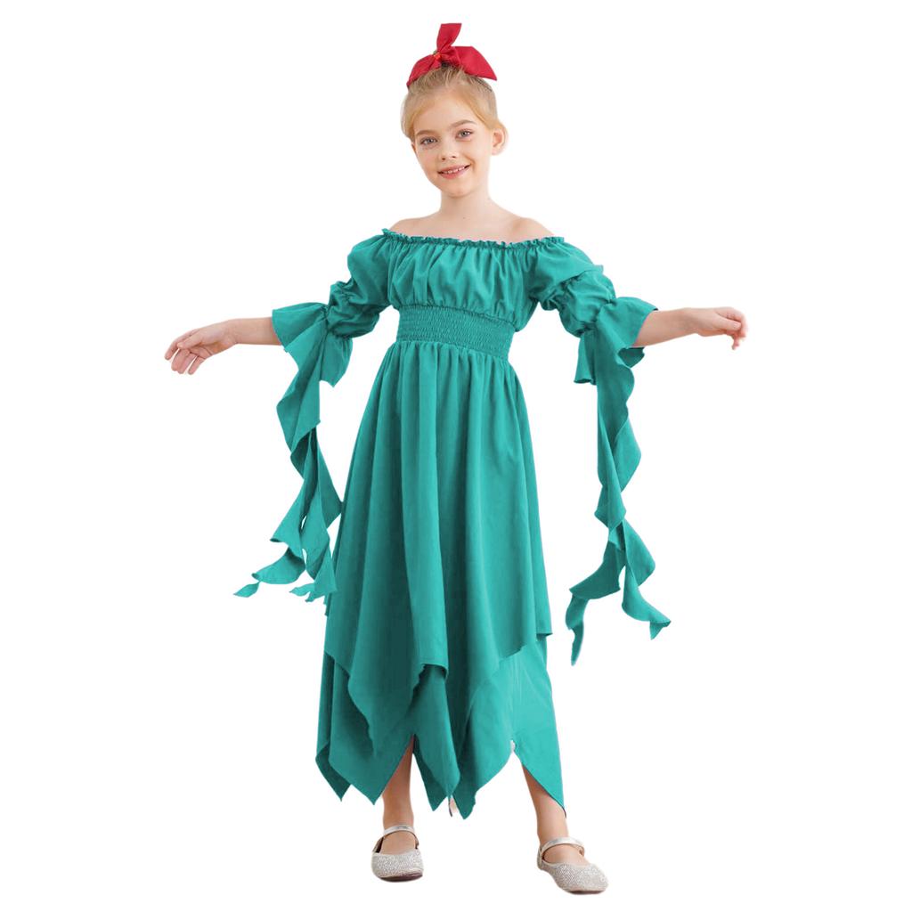 Costume Vittoriano Rinascimentale per Bambina Medievale Gotico Spalle Scoperte Manica 3/4 Arricciato Orlo Irregolare Vestito