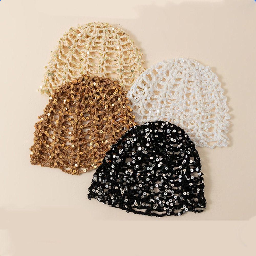 Dünne Häkel-Paillettenmütze Elegante Bohème-Mützen Lässige Strickmütze Bekleidungszubehör