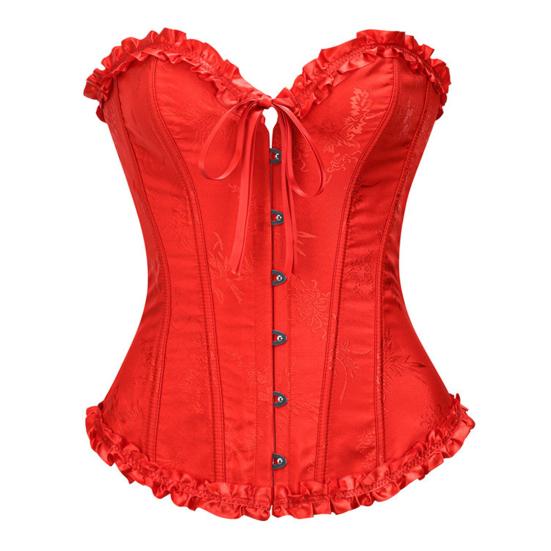 Women Corset Top Shapewear Waist Cincher Gothic Overbust Strapless Bra Ruffle Trim Lace-up Boned