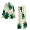 Seturi de pantaloni cu imprimeu floral verde-albastru, cămașă cu mânecă lungă + pantaloni cu șireturi și talie elastică, seturi de femeie, stil de plajă