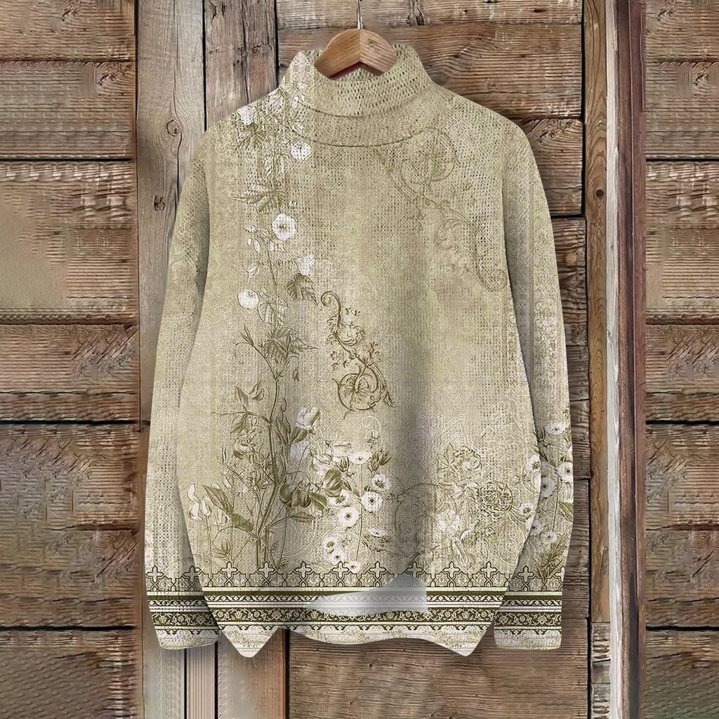 Women's Fashion Casual Long Sleeve Retro Printed Turtleneck Knit Top