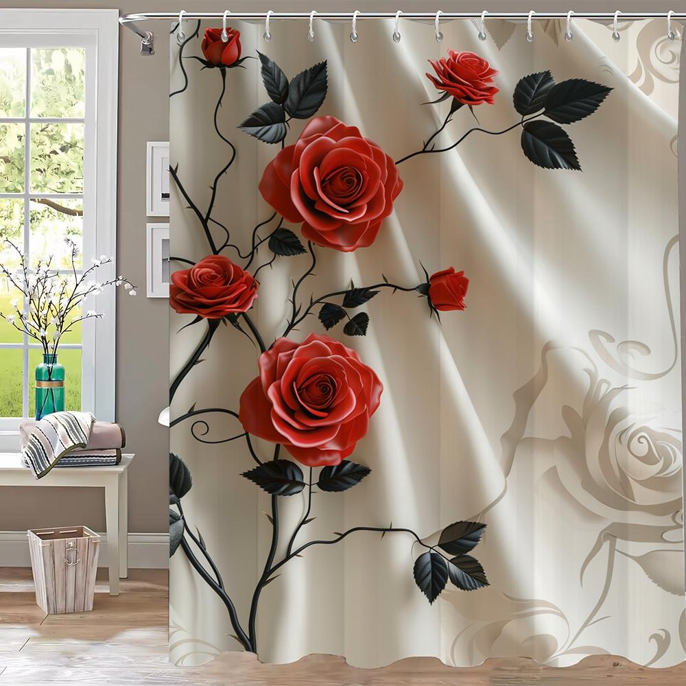1 Piece Romantic Red Rose Flowers Shower Curtain, Bathroom Decorative Shower Curtain,Printed Polyester Home Curtain with Hooks