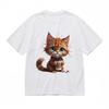 Women's All-Season Classic T-Shirt Playful Feline with Steaming Cup Graphic Tee