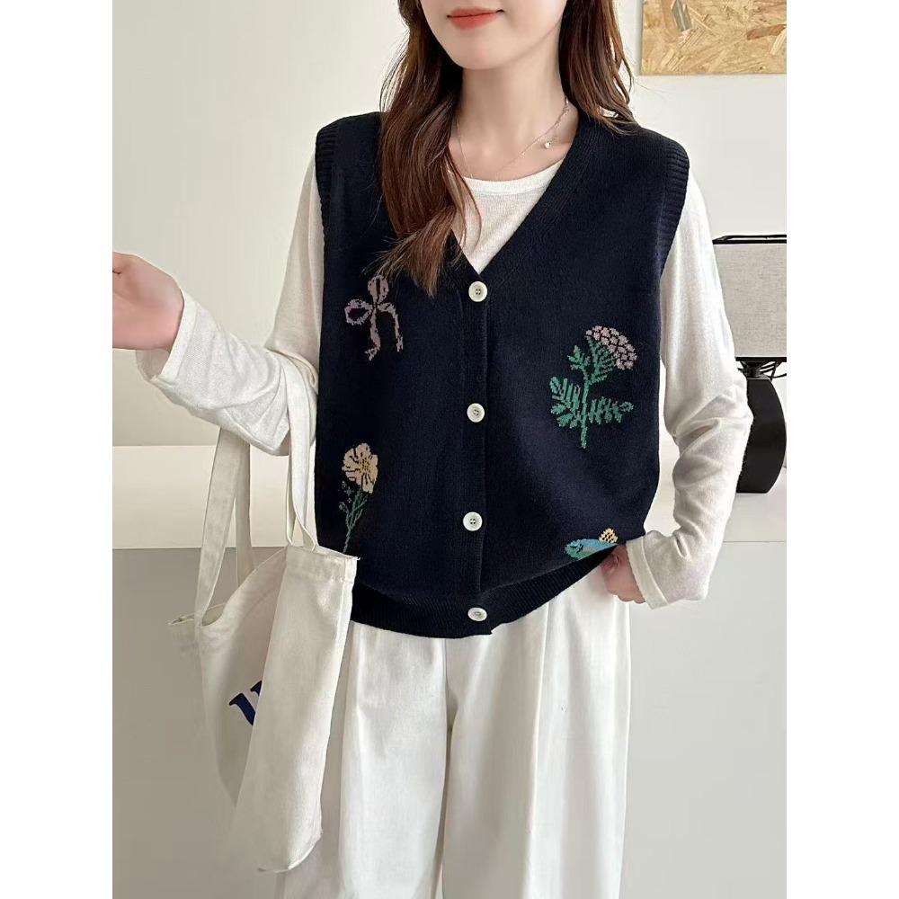 2026 Autumn Winter New Women Sweater Pullover Knitting Embroidery Floral Lady Tops Vest Tank Sleeveless Shirt Loose Casual Vintage