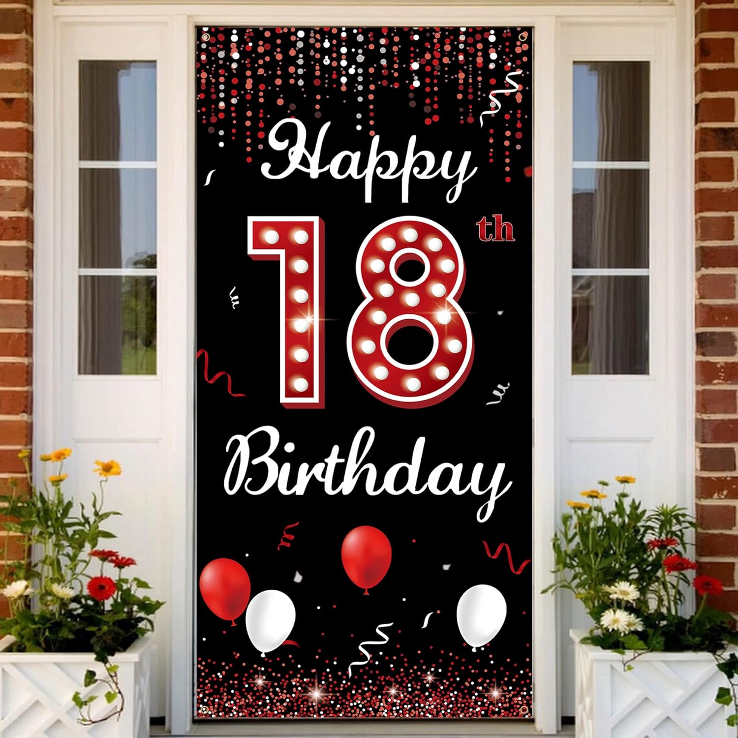 18th Birthday Door Banner Backdrop, Happy 18th Birthday Decorations for Girls Red Black, 18 Years Old Birthday Photo Props, Eighteen Birthday Party