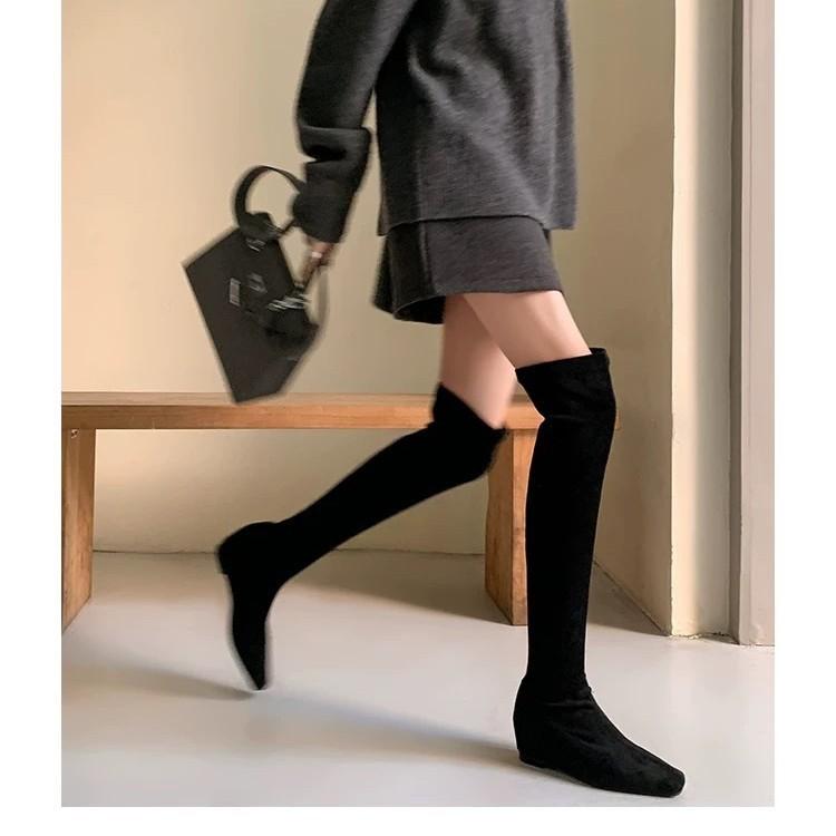 Inner height increase over knee elastic boots women's 2025 autumn and winter new suede square head bag legs thin boots brown thin boots