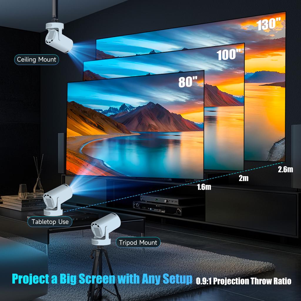Projetor 4K HY300 Pro com alto-falante de 5 W integrado, 1280 x 720 P, Android 11, 8000 lúmens, Wi-Fi 6, BT5.4, projetor portátil para ambientes externos