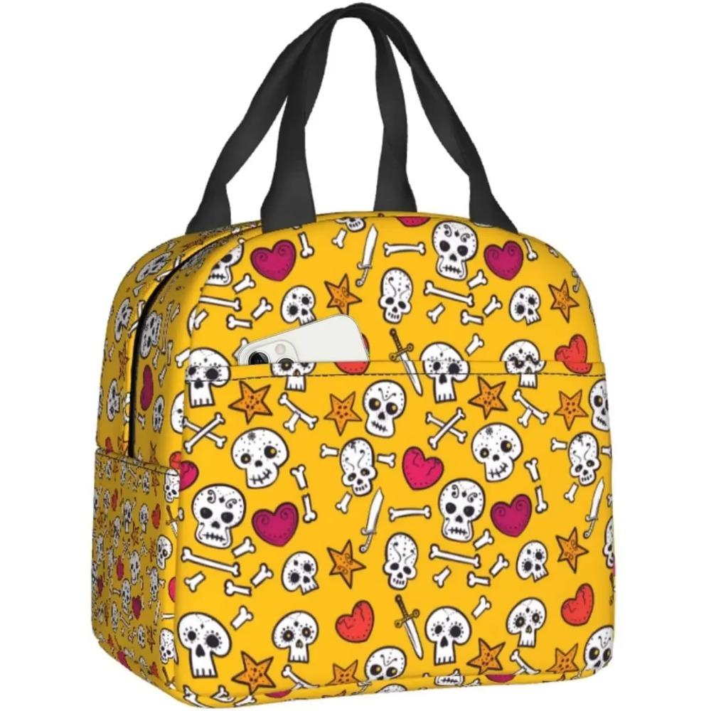 Insulated Lunch Bag For Kids Skulls And Hearts Reusable Cooler Tote Bag Mini Cooler For Kids Adult Office Work Picnic Beach