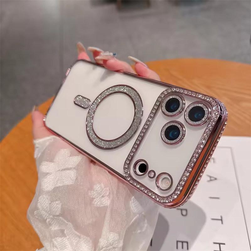 

Роскошный чехол для телефона с гальваническим покрытием, блестящими бриллиантами и прозрачной задней крышкой для iPhone 17 Air 17 Pro Max, с поддержкой магнитной беспроводной зарядки и защитой от падений iPhone 17 Pro Max розовый