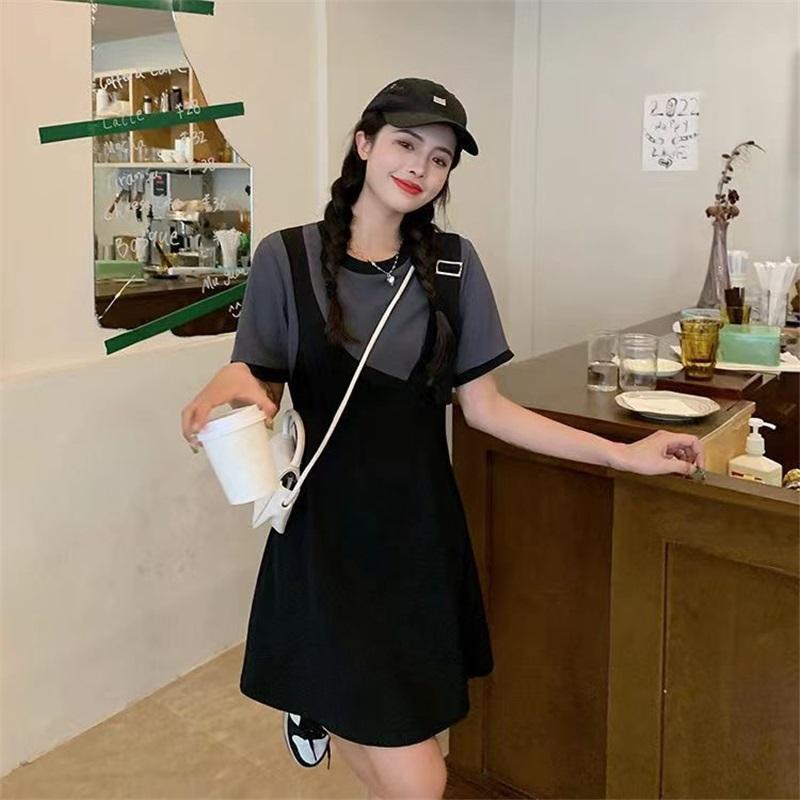 Women's Plus Size Fake Two-Piece Dress Black White Colorblock Casual Summer Short Sleeve A-Line Sundress