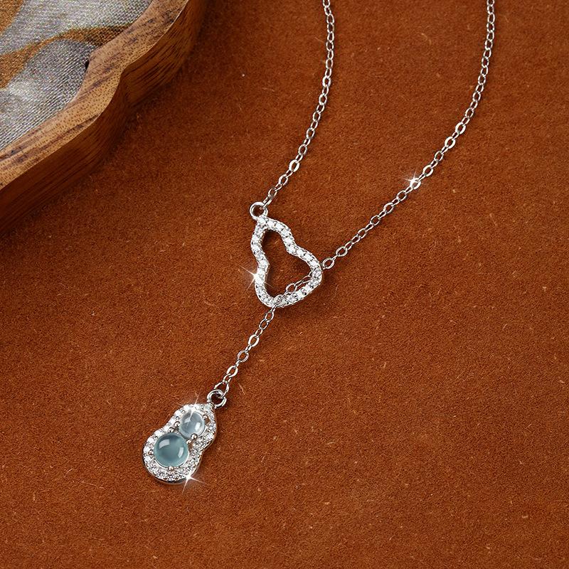 Popular sterling silver s925 premium clear feeling double gourd necklace natural blue water jadeite new Chinese style 925 sterling silver