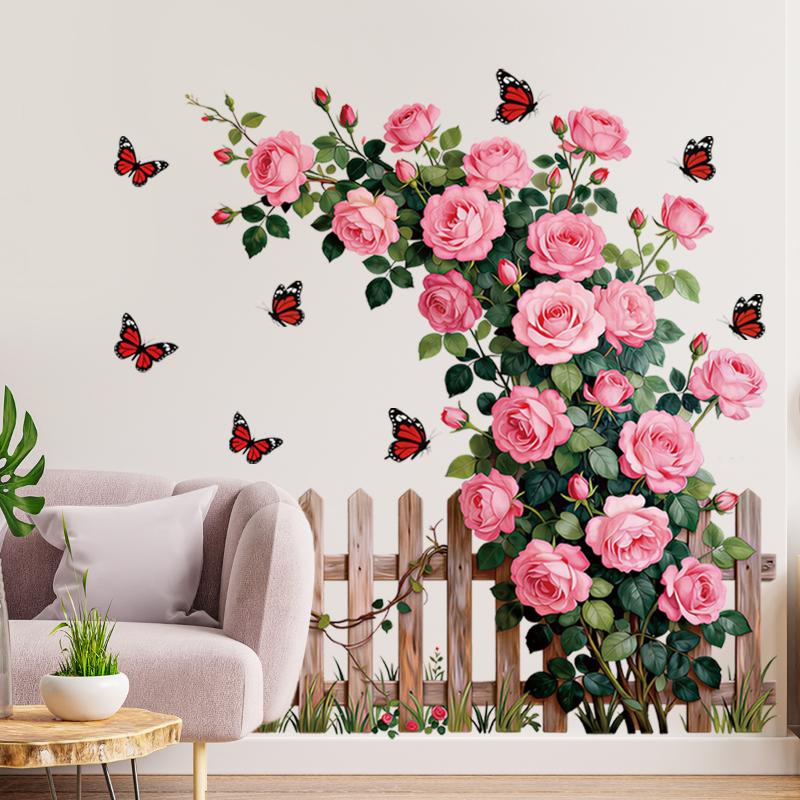 Romantic Rose Wall Decals, Rose Vine Fence Floral Stickers Wall Art Murals, Peel And Stick Self-Adhesive Stickers For Girls Bed