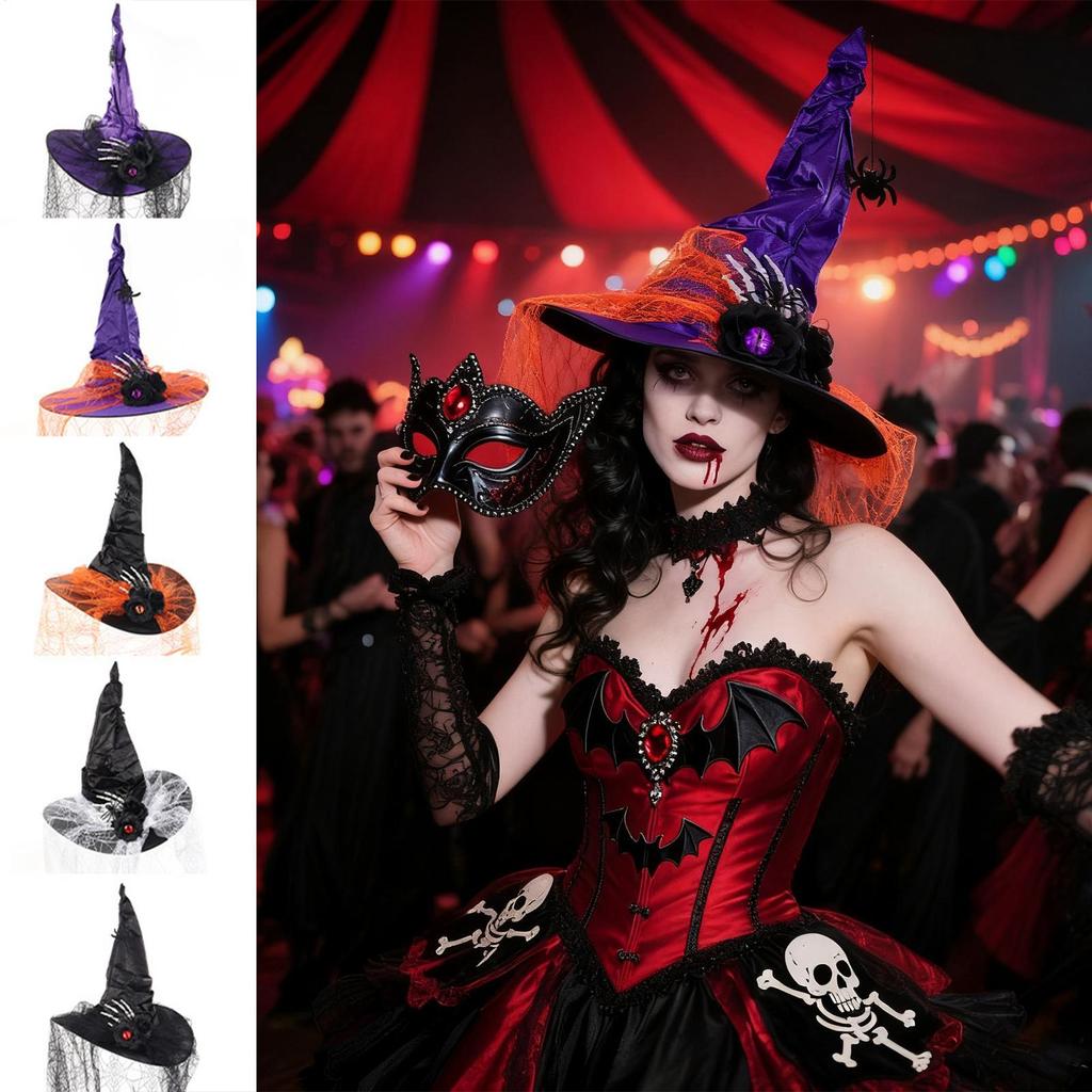 Halloween Witches Hat Lace Wide Brim Pointed Headdress Halloween Spider Adult Witch Hat For Prom Masquerade Event Party Decors