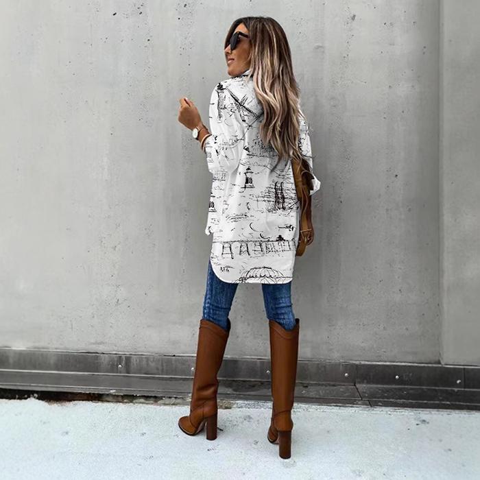 Ladies Casual Long Sleeve Lapel Scenery Printed Blouse Shirt Top