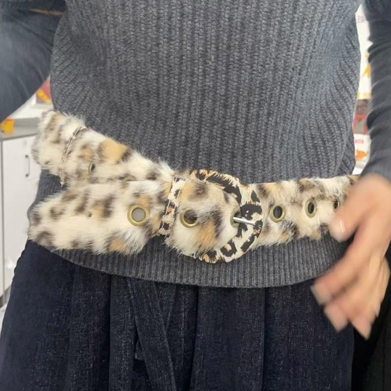 2000s Faux Furs Leopard Pattern Waist Belt Adjustable Waistband For Women And Teens Fashion Waist Decoration Accessory