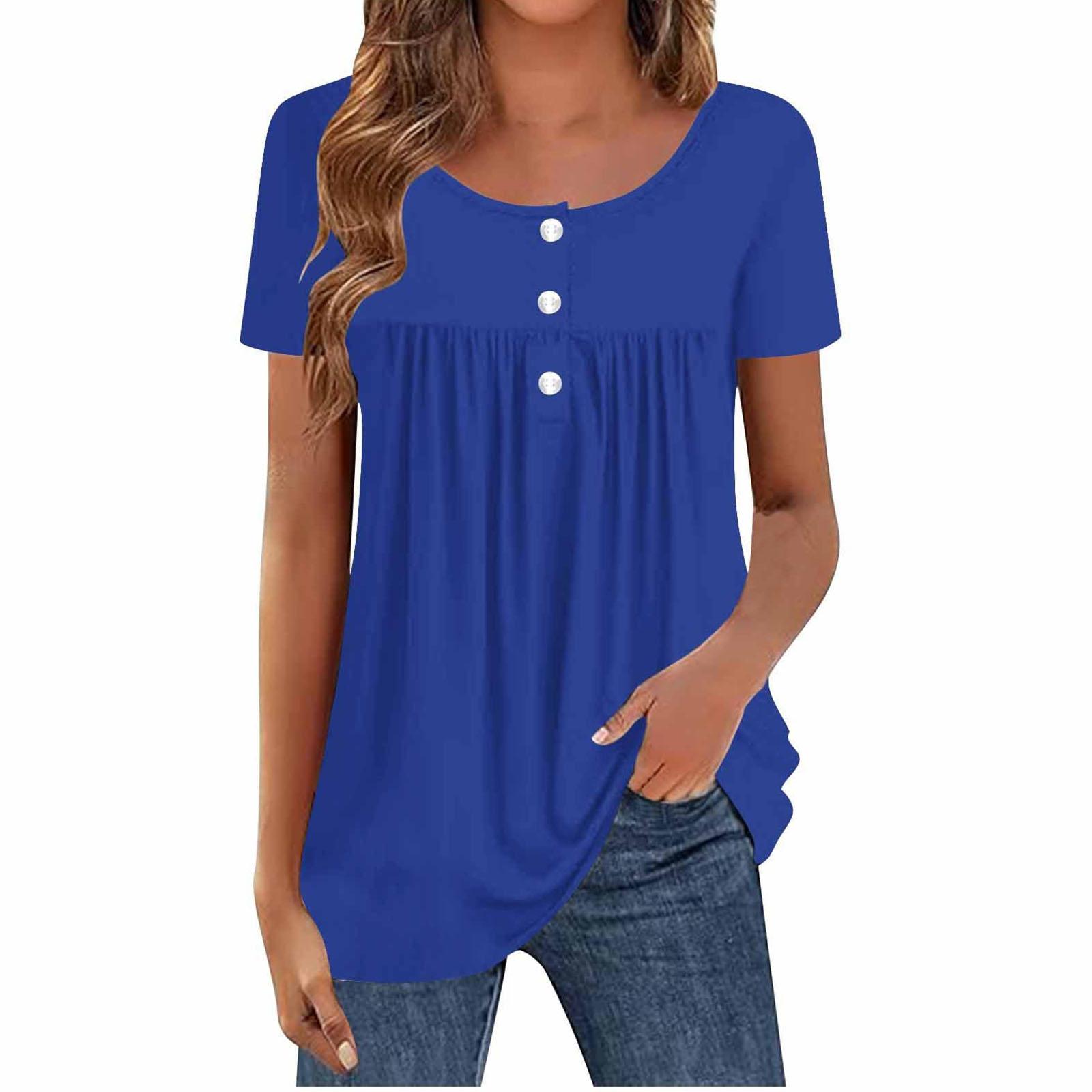 Women s Casual Loose-Fit Short-Sleeve T-Shirt Top S синий