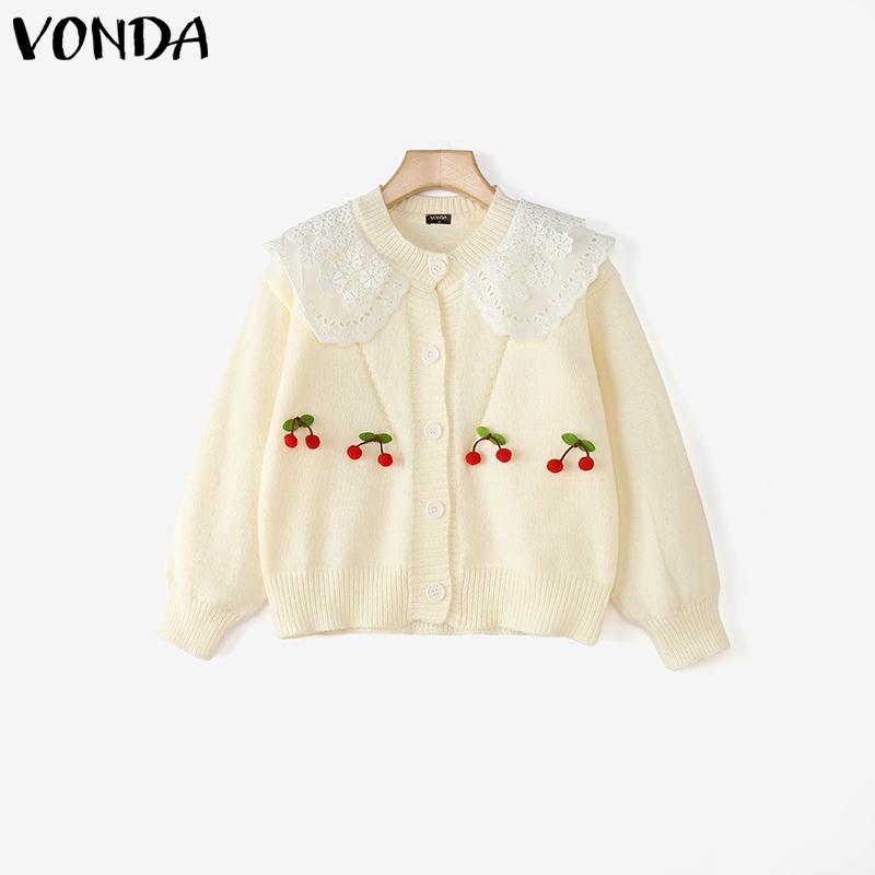 

VONDA Oversized Women Long Sleeve Lace Splicing Casual Loose Knitted Sweaters One Size белый