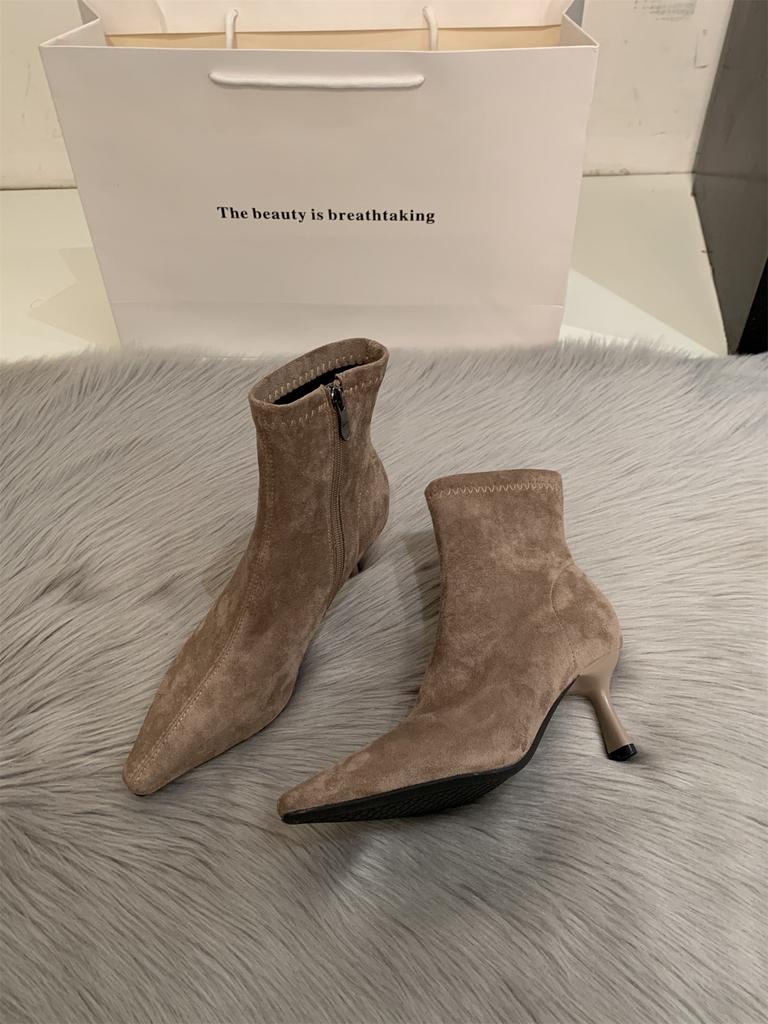 Retro Pointed Cat Heel Short Boots Women's Autumn and Winter Suede Elastic Thin Boots Show Thin High Heel Boots Stiletto High Heel Shoe Temperament