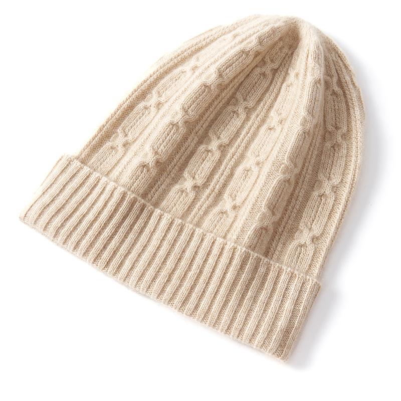 Cashmere Autumn and Winter New Style Women's High-end Solid Color Hexagonal Twist Pattern Warm Fashionable Cuffed Casual Knitted Hat