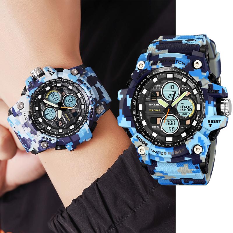 Skmei Fashion Big Size Dial Men Sports Watches Three Time Zone Analog Digital Display LED Waterproof Alarm Clock Male Stop Watch