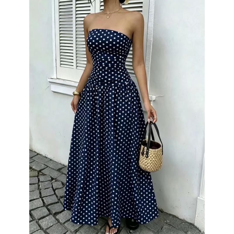 2026 Summer Off Shoulder Polka Dot Dress New Sexy Elegant Strapless Waist-cinching Slim Fit A-line Party Evening Dress Sweet Pleat Fashion Clothing