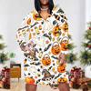 Women Plus Size V Neck Long Sleeve Fitted Straight Hem Dress Halloween Dachshund Printed White