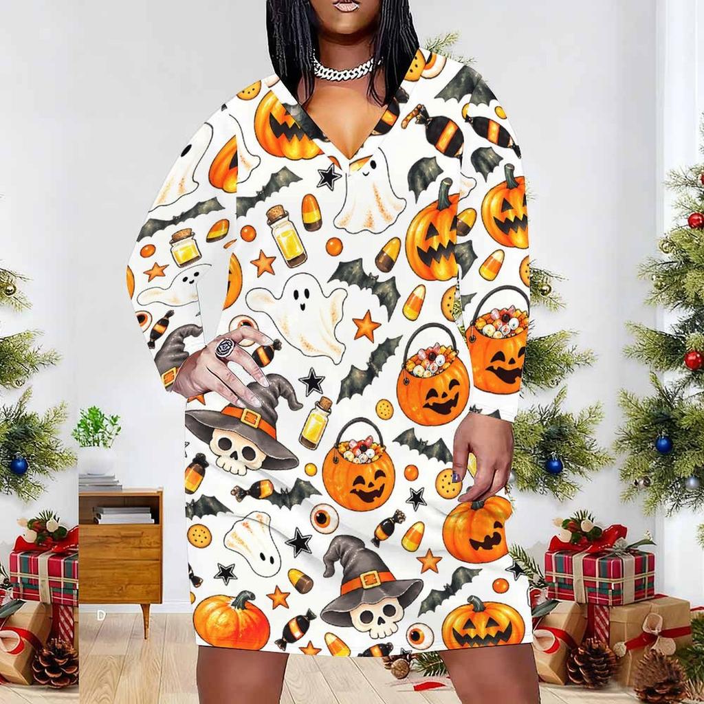 Women Plus Size V Neck Long Sleeve Fitted Straight Hem Dress Halloween Dachshund Printed White